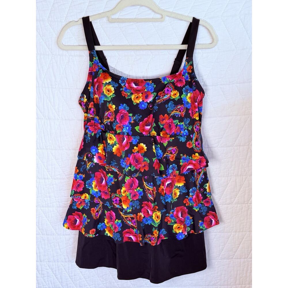 Inches Away Swimsuit Swim Dress Tank Tummy Control Lined Floral Black Sz 18W